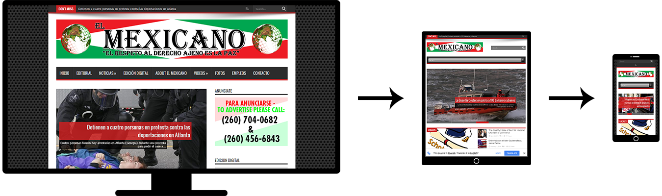 Image of three screenshots showing the responsive design of the El Mexicano News website