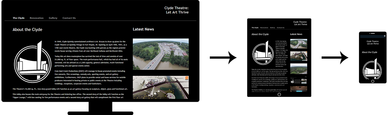 Image of three screenshots showing the responsive design of the Clyde Theatre website