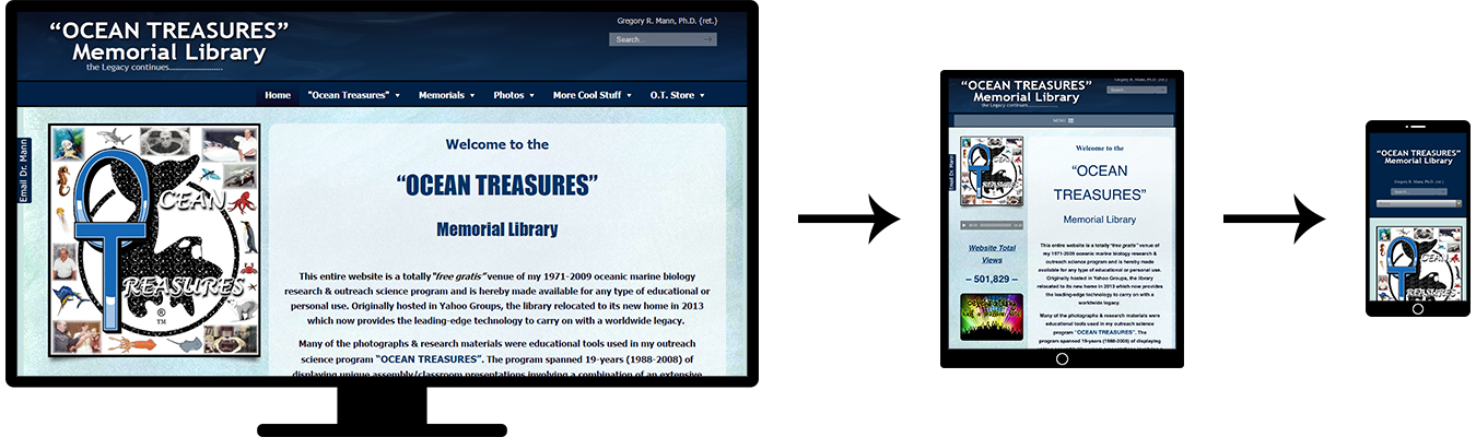 Image of three screenshots showing the responsive design of the Ocean Treasures Library website