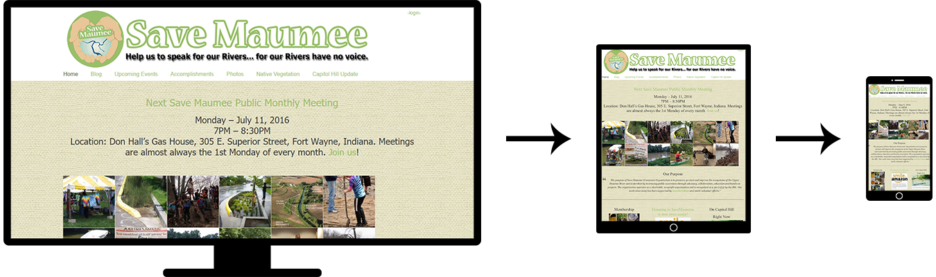 Image of three screenshots showing the responsive design of the Save Maumee website